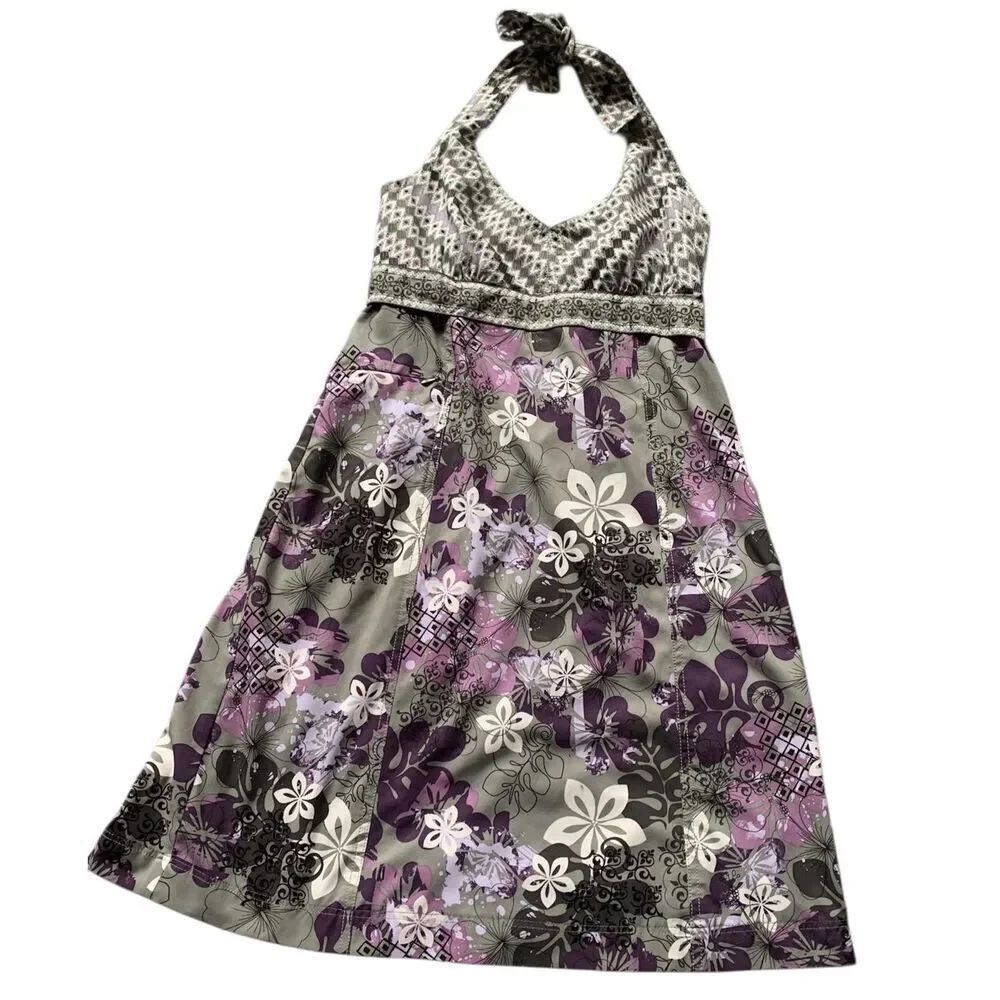 ATHLETA Pack Everywhere gray print Sporty SUN Pool Halter DRESS sz 10